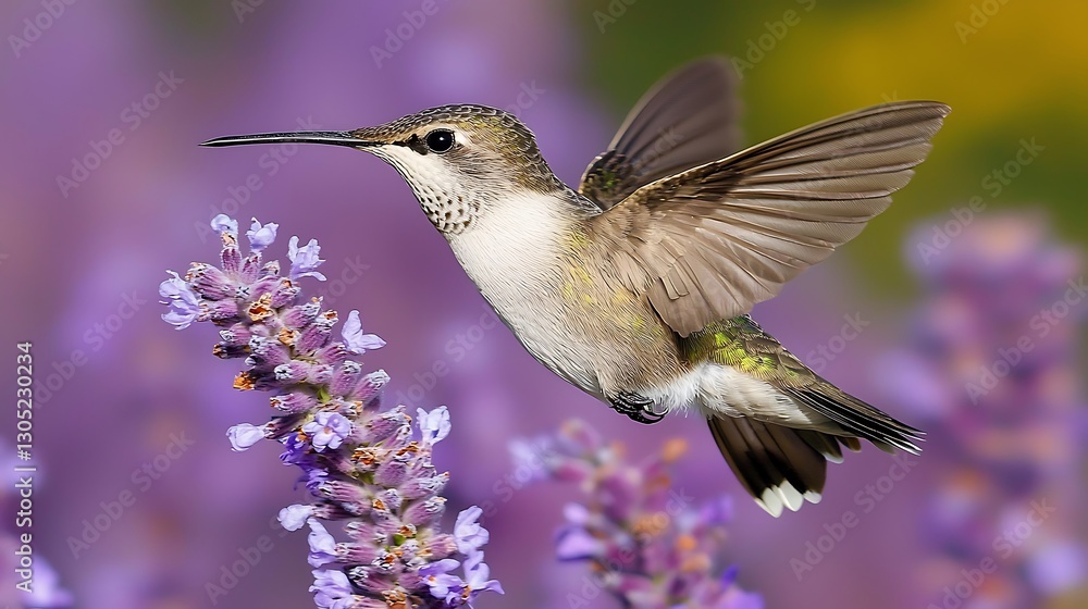 Fototapeta premium Hummingbird in Flight near Lavender
