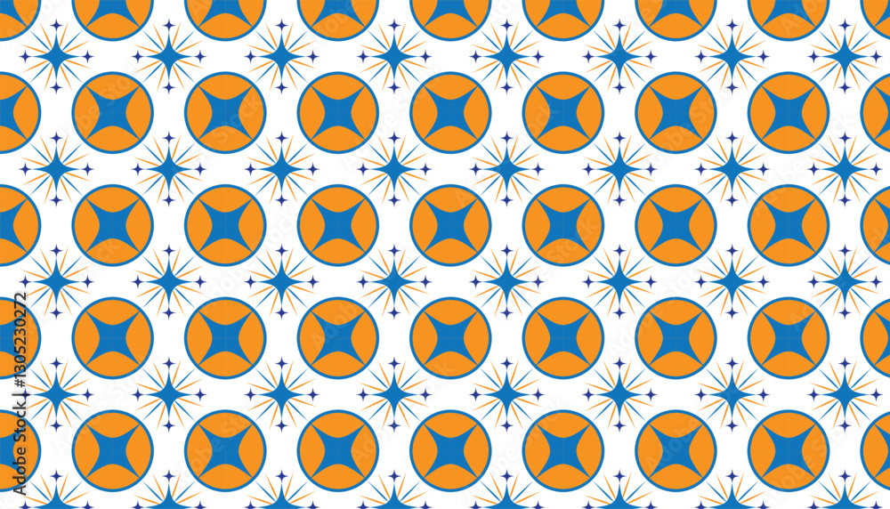 Islamic Moroccan tile Pattern Orange Circles with Blue Cross Pattern - Geometric Starburst Design Symmetrical Repeat for Textiles and Wallpaper Islamic Moroccan tile Pattern Orange Circles with Blue Cross Pattern - Geometric Starburst Design Symmetrical Repeat for Textiles and Wallpaper