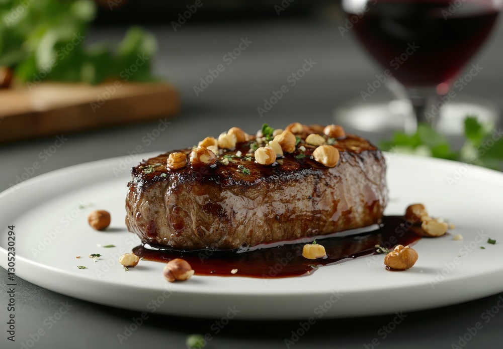 Grilled Steak Topped With Nuts And Red Wine Sauce On A White Plate Grilled Steak Topped With Nuts And Red Wine Sauce On A White Plate