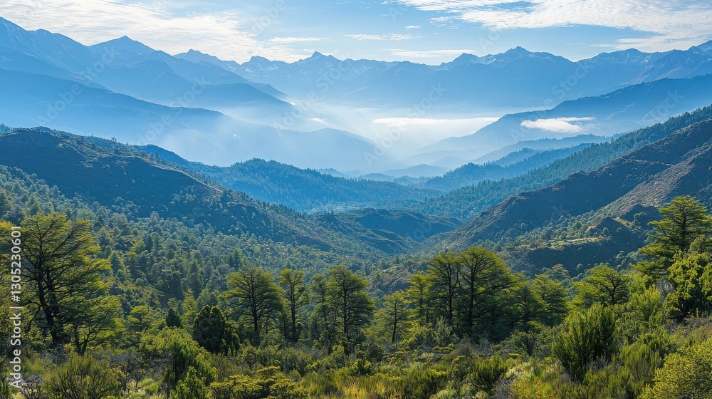Fototapeta premium Serene landscape of rolling hills and distant mountains under a clear blue sky. Lush green vegetation fills the foreground, creating a tranquil atmosphere.