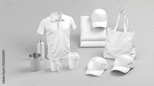 White Promotional Products Mockup: Polo Shirt, Tote Bag, Hats, Mug, Water Bottle & Cup - Blank Merchandise for Branding & Design Templates