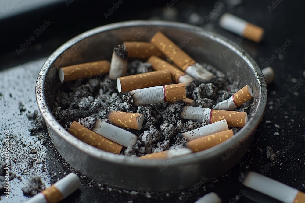 Cigarette butts and ashes collected in a round metal ashtray on a dark surface Cigarette butts and ashes collected in a round metal ashtray on a dark surface