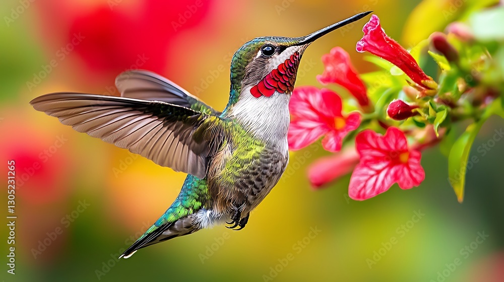 Fototapeta premium Hummingbird in Flight, Vibrant Flowers