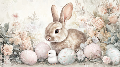 Vintage Watercolor Easter Bunny and Chick with Floral Easter Eggs in Soft Pastel Colors