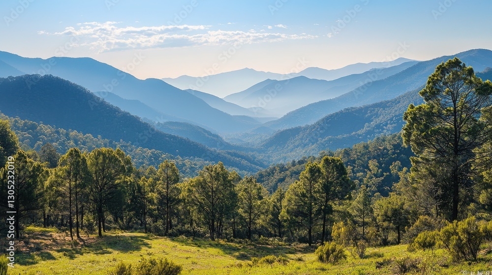 Fototapeta premium Serene mountain landscape at sunrise. Rolling hills and lush green forests bathed in soft, golden light. A breathtaking view of nature's beauty.