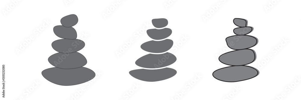 Meditation stone balance pyramid set vector illustration. Stacked pebbles black grey colors object collection isolated on white background Meditation stone balance pyramid set vector illustration. Stacked pebbles black grey colors object collection isolated on white background