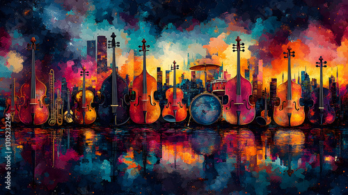 Colorful NYC skyline musical instruments reflection