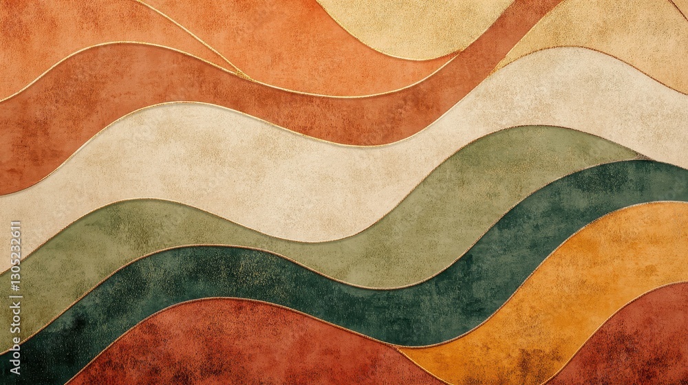 Layered wavy lines and geometric figures in earthy terracotta and olive hues with ink bleeds Layered wavy lines and geometric figures in earthy terracotta and olive hues with ink bleeds