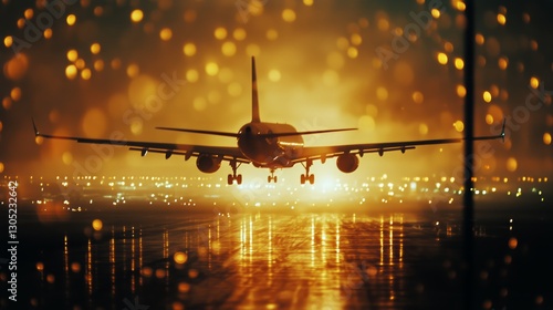 Airplane Landing on a Wet Runway Illuminated by City Lights at Night