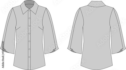 Women's Long Sleeve Flare Shirt Formal Wear Technical Drawing Fashion Flat Sketch Front and Back View. Vector illustration, template. CAD layout.