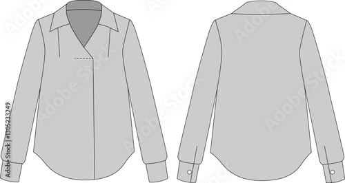 Women's Long Sleeve Shirt Without Button Placket Formal Wear Technical Drawing Fashion Flat Sketch Front and Back View. Vector illustration, template. CAD layout.