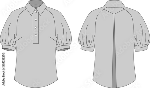 Women's Short Puff Sleeve Shirt Formal Wear Technical Drawing Fashion Flat Sketch Front and Back View. Vector illustration, template. CAD layout.