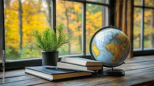 Workspace With Globe, Books, and Plant by Window Showcasing Autumn Colors