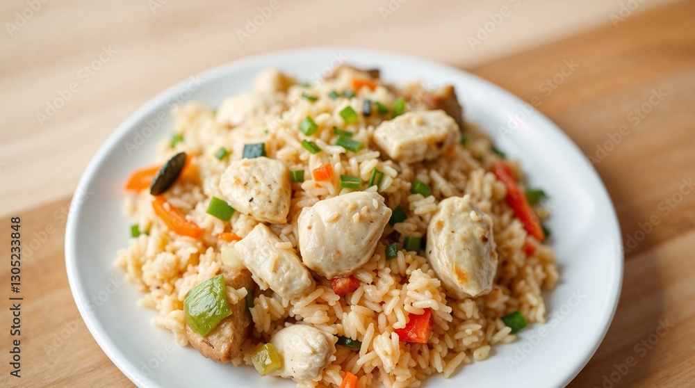 Chicken Rice with Vegetables on a White Plate on a Wooden Table Chicken Rice with Vegetables on a White Plate on a Wooden Table