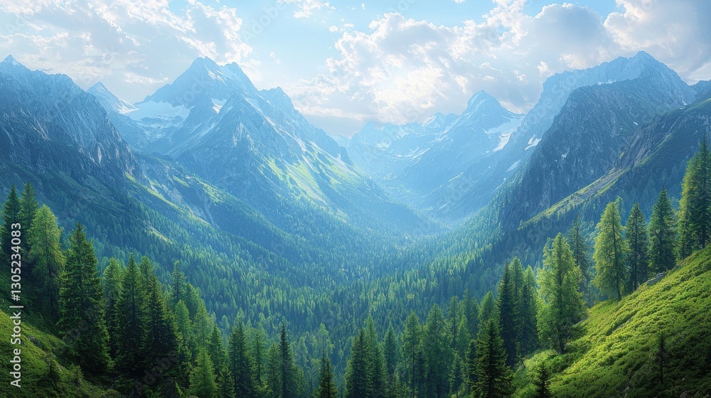 Serene mountain valley bathed in sunlight, showcasing lush green forests and majestic peaks. A breathtaking panorama of nature's beauty. Serene mountain valley bathed in sunlight, showcasing lush green forests and majestic peaks. A breathtaking panorama of nature's beauty.