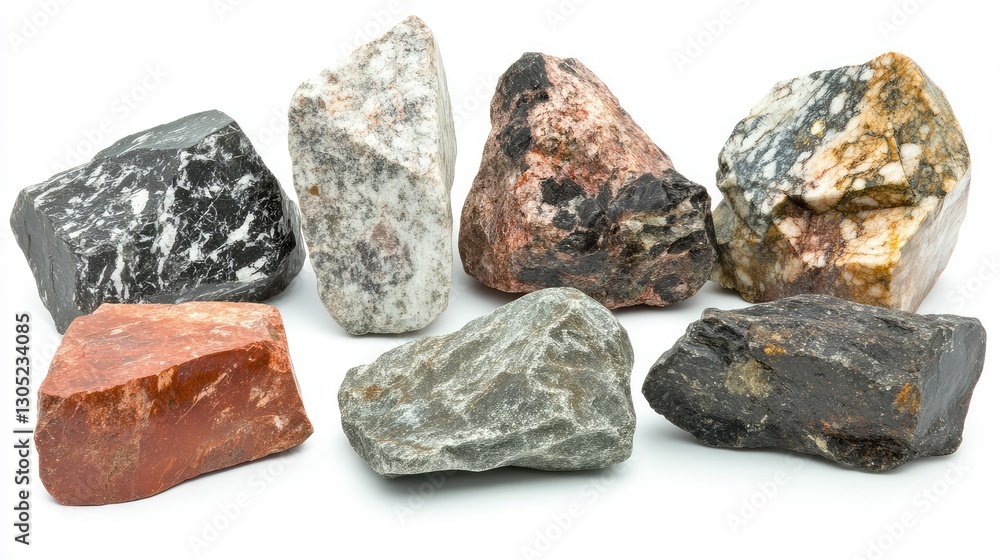 Assorted Natural Rocks and Minerals Arranged for Display, Featuring a Variety of Textures, Colors, and Patterns to Illustrate Nature's Unique Creations Assorted Natural Rocks and Minerals Arranged for Display, Featuring a Variety of Textures, Colors, and Patterns to Illustrate Nature's Unique Creations