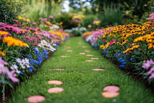 Vibrant Flower Path in a Lush Garden During a Sunny Afternoon