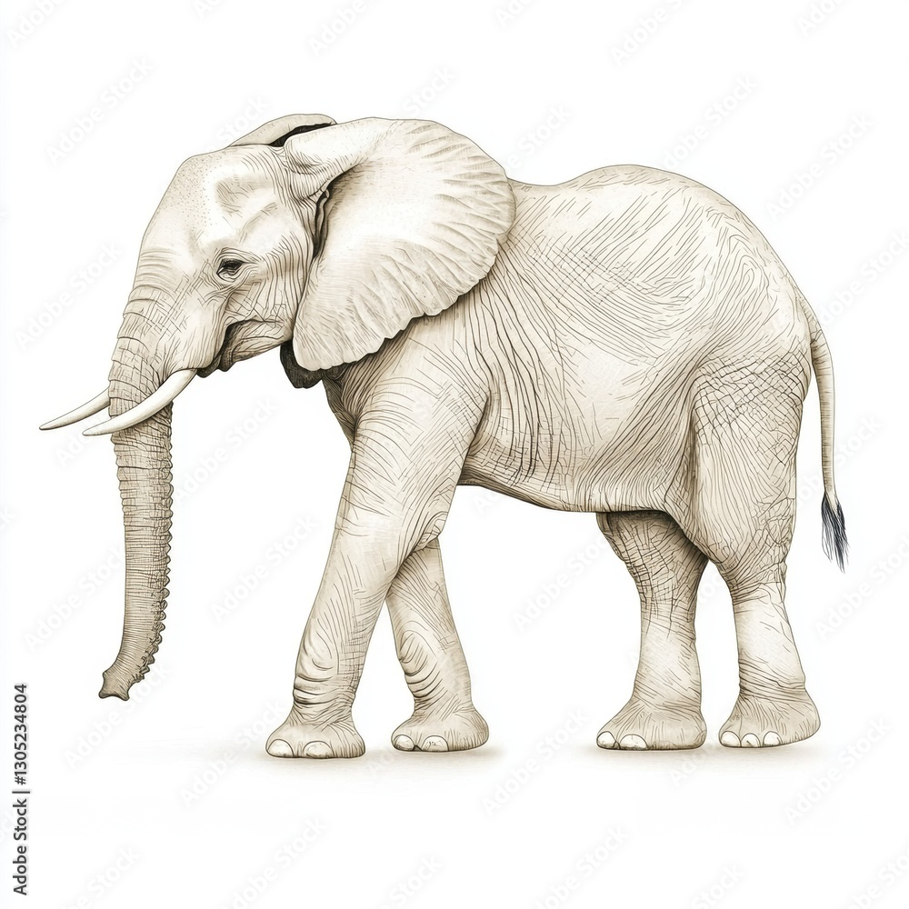 Fototapeta premium A detailed illustration of an elephant, showcasing its large ears, trunk, and textured skin, standing gracefully against a plain background.