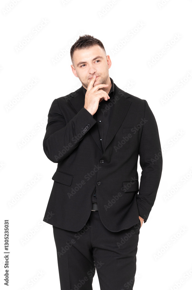 A handsome dark-haired man wearing a business suit, a black shirt on a white background A handsome dark-haired man wearing a business suit, a black shirt on a white background