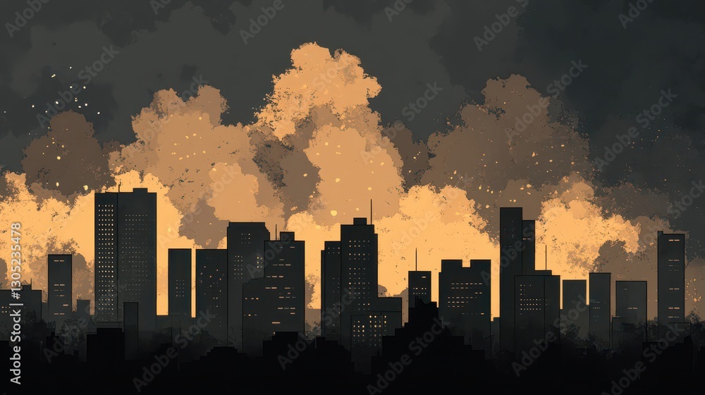 Fototapeta premium Dramatic noir city skyline wallpaper with ink shadows and halftone effects in sepia