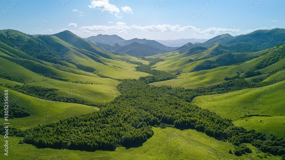 Obraz premium Serene aerial view of rolling green hills and a lush forest valley under a bright blue sky. Nature's beauty at its finest.