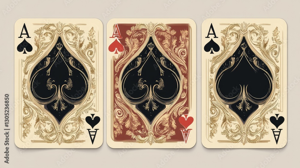 Fototapeta premium Aesthetic Display of Three Ace of Spades Playing Cards with Decorative Designs and Intricate Details for Classic Card Game Enthusiasts and Collectors