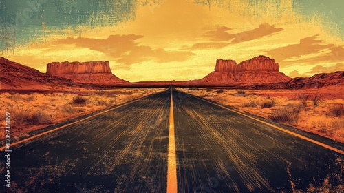 Wallpaper of a golden hour desert highway with vintage comic inking and a halftone-textured sky