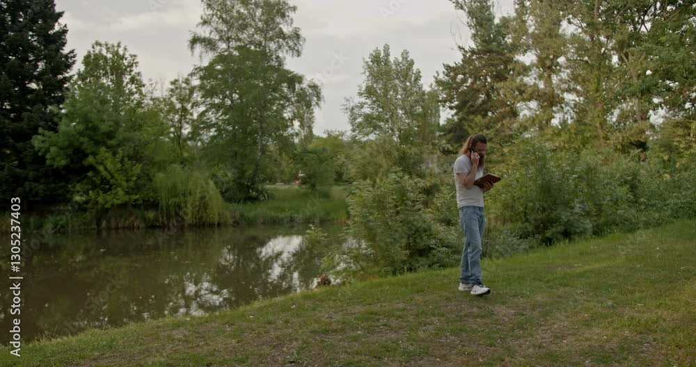 A business professional making a phone call while walking in the park. A business professional making a phone call while walking in the park.