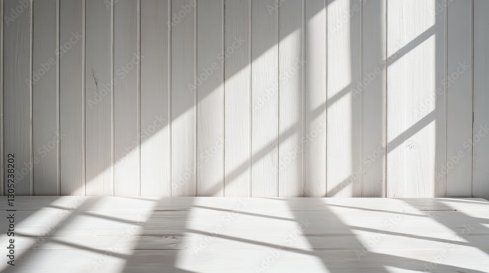 Fototapeta premium Soft Natural Light Casting Shadows on a Minimalist White Wall, Creating a Serene Atmosphere for Background or Interior Design Inspiration