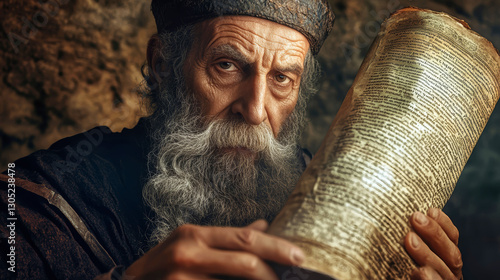 Portrait of ancient rabbi sage with Torah scroll, exuding wisdom and history against warm cinematic backdrop