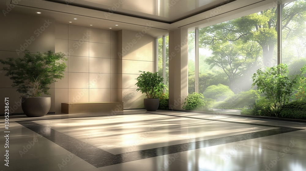 Fototapeta premium Modern interior with large open windows, sunlight streaming in, and indoor greenery. Harmonious blend of architecture and nature.