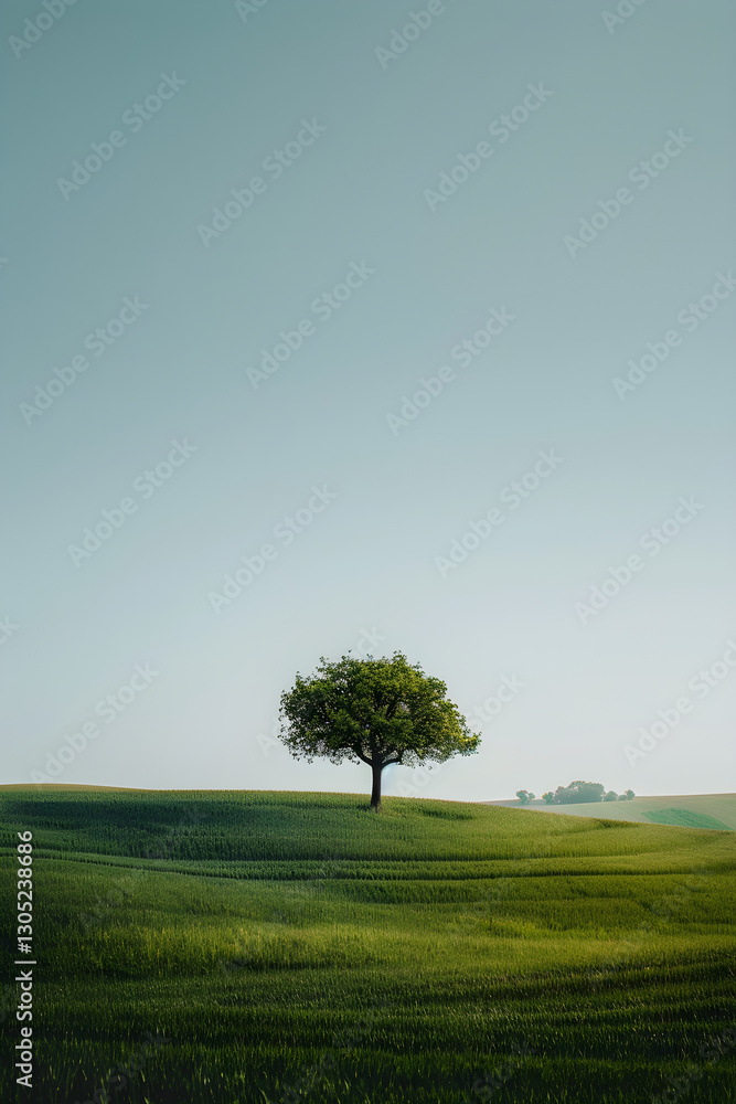 Solitary Tree in Peaceful Open Field Under Clear Sky Solitary Tree in Peaceful Open Field Under Clear Sky