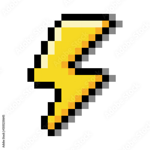Pixelated yellow lightning bolt icon, lightning bolt, pixel art, shadow.