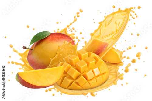 delicious ripe mango splashing in mid air isolated on white background