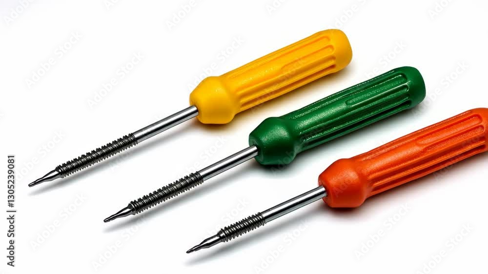 Brightly colored screwdrivers arranged on a white background for various repair tasks and home improvement projects Brightly colored screwdrivers arranged on a white background for various repair tasks and home improvement projects