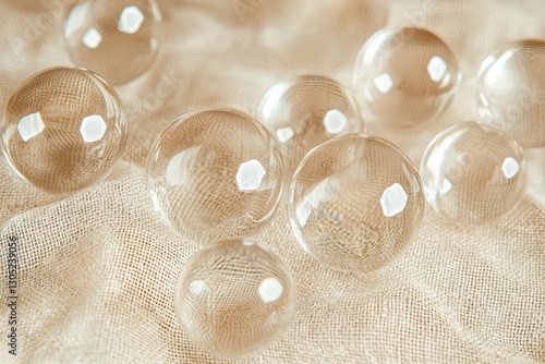 Transparent glass spheres resting on beige fabric creating abstract pattern photo