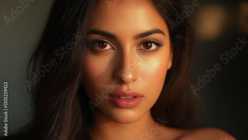 Wallpaper Mural Young woman with striking features and captivating eyes poses against a softly lit background in a serene environment Torontodigital.ca