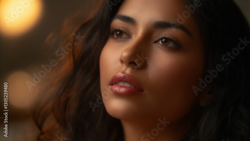 Portrait of a woman with soft features and captivating gaze, illuminated by warm light in a cozy indoor setting