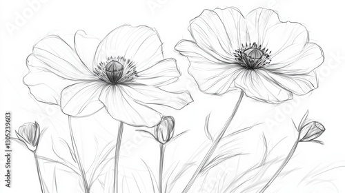 Wallpaper Mural Pencil Sketch: Delicate Cosmos Blossoms in Bloom. (1) Torontodigital.ca