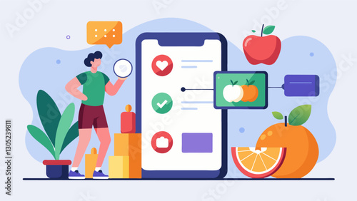 With the help of your diet diary this fitness app creates a personalized nutrition and workout plan to help you reach your weight loss goals.. Vector illustration