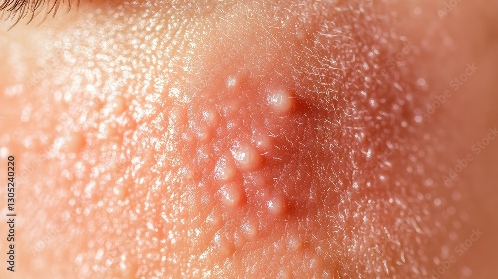 Fototapeta premium Close-up View of Human Skin with Blisters, Pimples, and Texture Showing Details of Acne, Pores, and Sebum for Dermatological or Medical Illustration