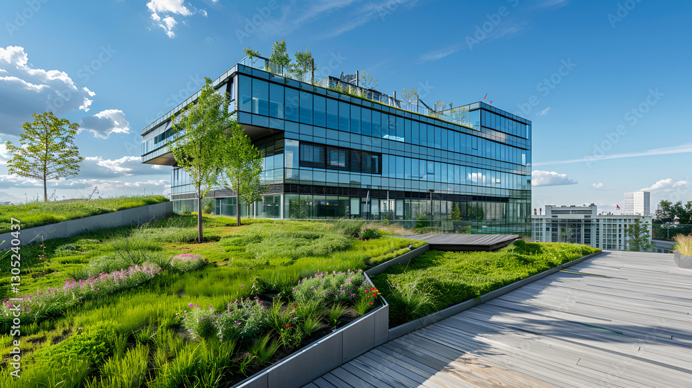 Obraz premium A green rooftop garden on a modern office building in an eco-friendly urban environment.