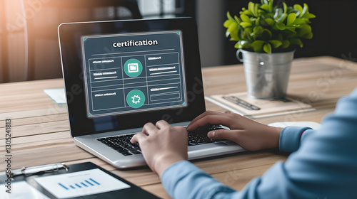 businessman use a laptop evaluation on online survey exam on e-document and choose right answer in exam on international standard 
