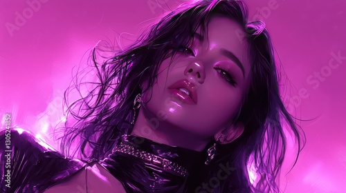 A woman with dark hair in a vibrant pink hue