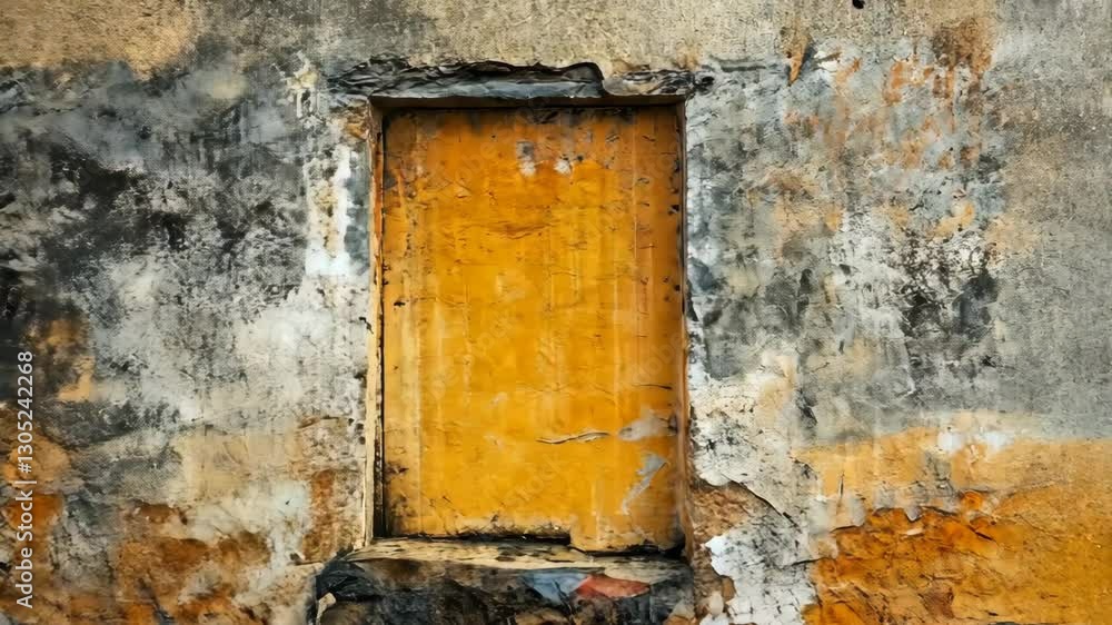 Weathered wall with a bright yellow panel and peeling paint on an old building Weathered wall with a bright yellow panel and peeling paint on an old building