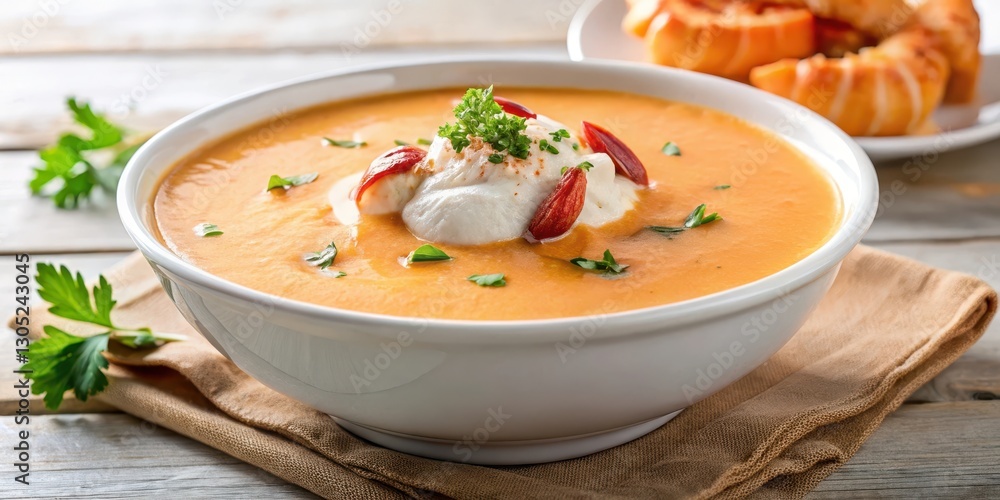 Creamy lobster bisque soup with chunks of lobster meat and a dollop of cream on top Creamy lobster bisque soup with chunks of lobster meat and a dollop of cream on top