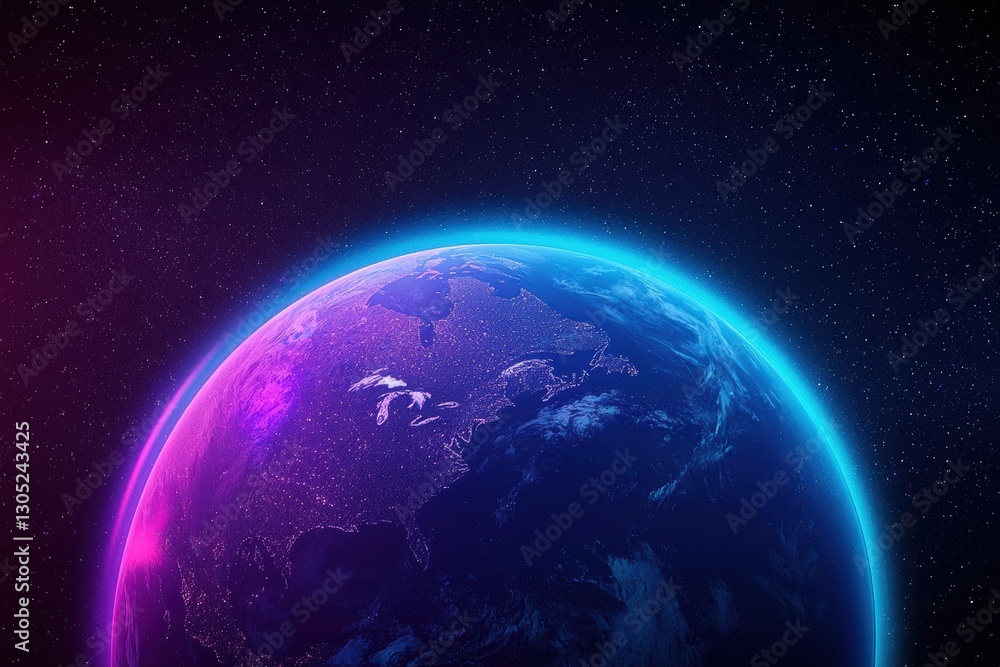 Fototapeta premium Planet earth glowing in space with purple and blue gradient
