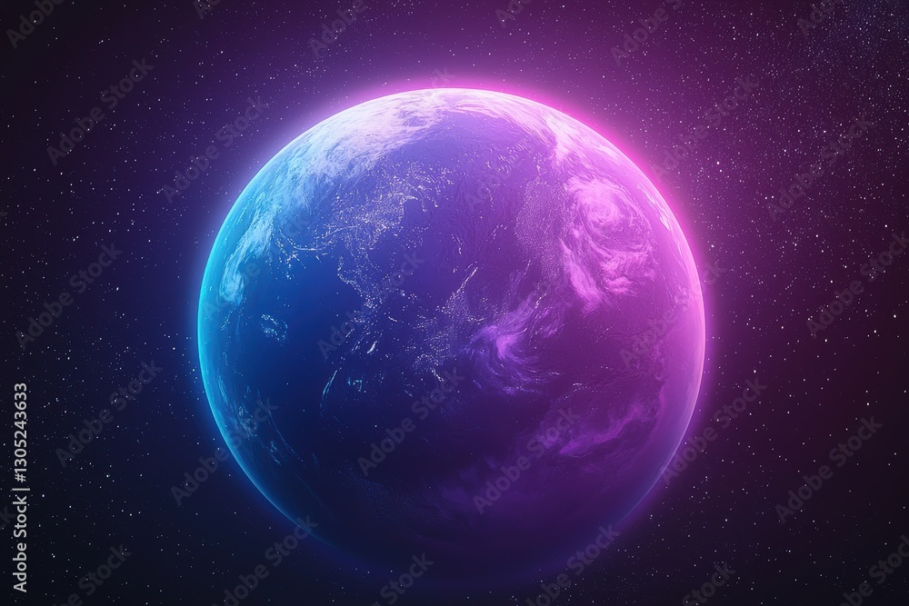 Fototapeta premium Planet earth glowing in space with purple and blue gradient color scheme