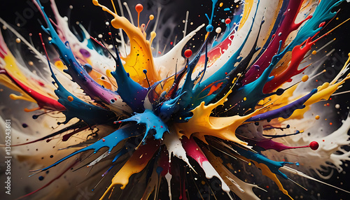 Explosion flüssiger bunter Farben, wie Regenbogen Spritzer Tropfen vor dunklem Hintergrund dynamisch fließend in alle Richtungen wie Wasser gefärbt als Vorlage lebendige Kunst 