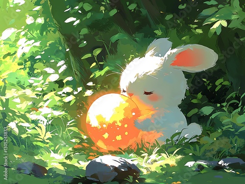 Bunny hugs sunbeam in forest glade